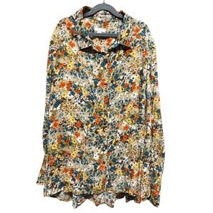 J Jill Wheat Painterly Floral Button Up Blouse Long Sleeve Collared Shirt Size L